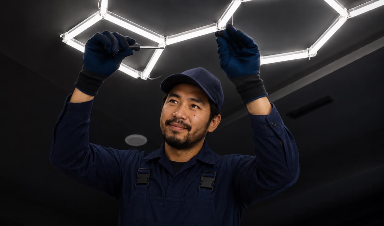 Strøm electrician installing modern hexagon lighting
